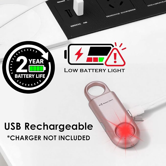 Rechargeable 135 dB Personal Alarm for Women 2-in-1 Flashlight Ultra-Bright Strobe Light. Students Kids Safety SOS Keychain Siren. Loud Emergency Hiking Bear Alerts Long Battery Life. Gold