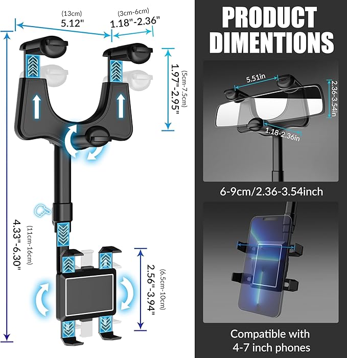 SXhyf Rear View Mirror Phone Holder, 2023 Rotatable and Retractable, Universal Mount, Cell Car Fit for iPhone 11 12 13 14 Pro Max Samsung All Phone