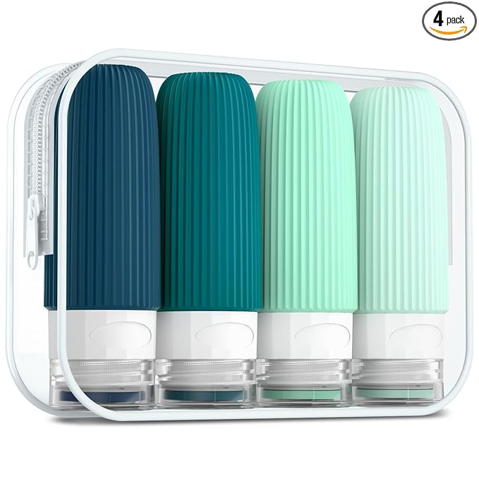 Mrsdry Travel Bottles for Toiletries, Tsa Approved 2oz Travel Bottles, BPA Free Leak Proof Travel Size Toiletry Containers, Refillable Travel Accessories with Toiletry Bag for Shampoo Liquid (4 Pack)