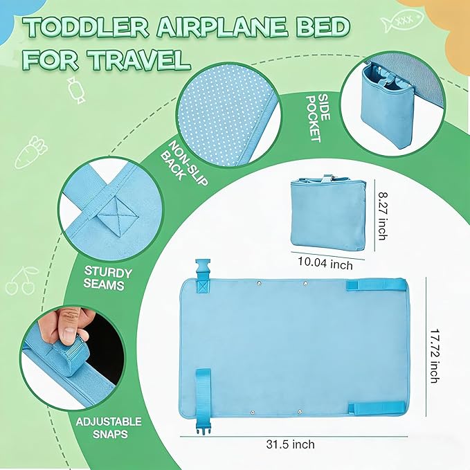 Light Blue Toddler Airplane Bed with Burgundy Hat, Portable Airplane Seat Extender Travel Bed for Kids, Soft Baby Plane Travel Essentials for Flying, Toddlers Long Flight Must Haves Footrest