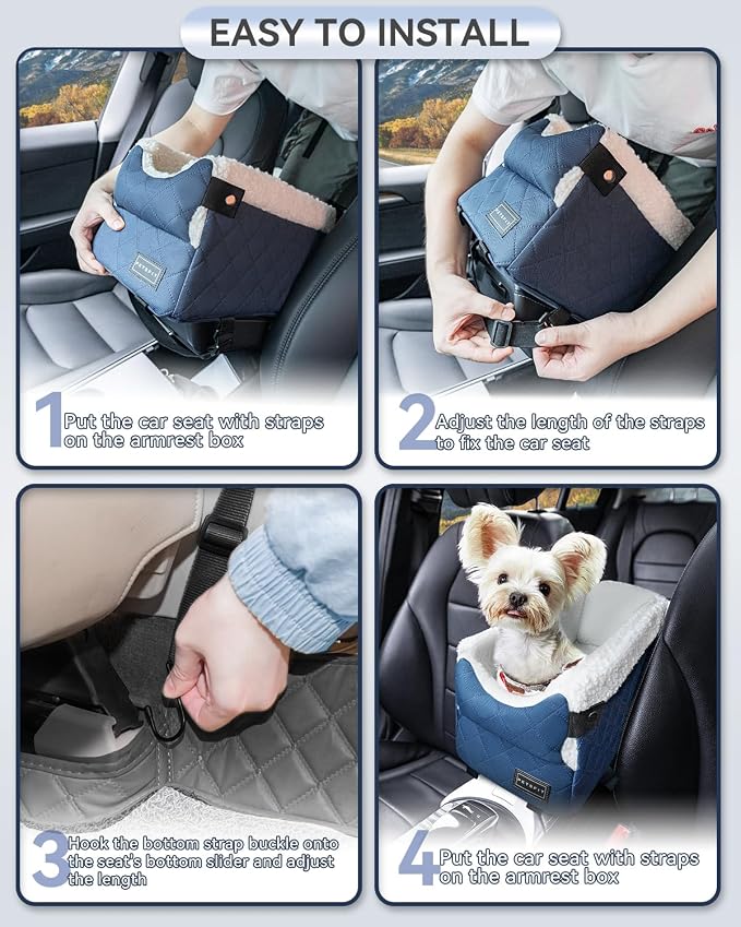 PETSFIT Center Console Dog Car Seat with Safe Protection Hooks, Pet Car Seat with Upgraded Safety Tethers, Washable Cushion, Console Dog Car Seats for Small Dogs Up to 8 Lbs(Blue)