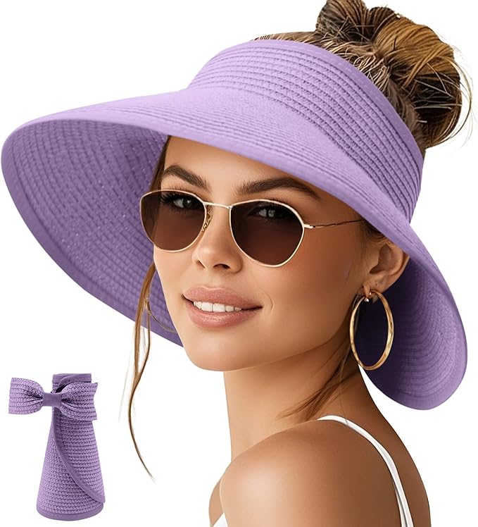 NPQQUAN Sun Visor Hats for Women Wide Brim Ponytail Straw Beach Hat Packable Foldable UPF 50+ Floppy Travel Hats
