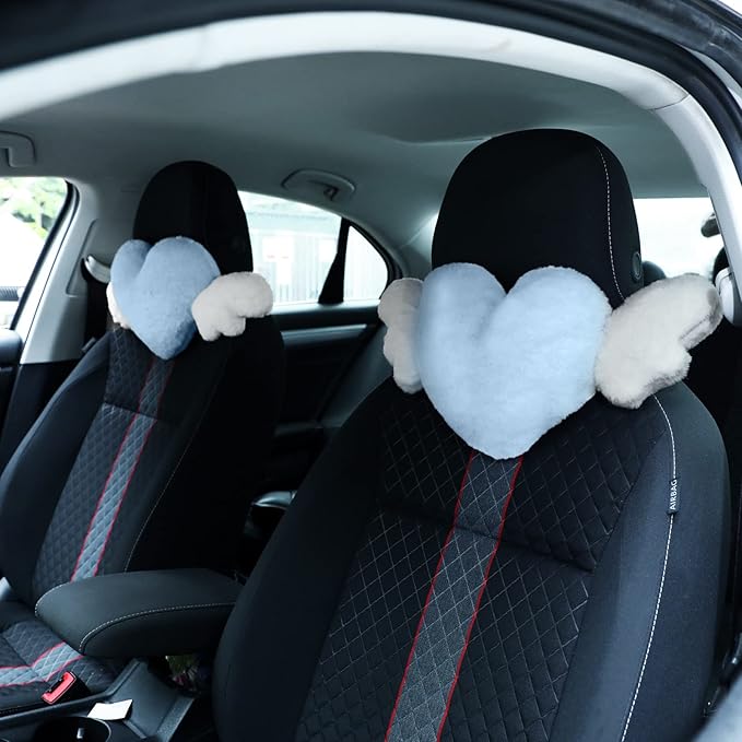 Macarrie 2 Pcs Plush Heart Shaped Pillow with Angel Wings Car Headrest Soft Comfortable Seat Pillow for Driving Travelling Room Office Car Decor, 19.7 x 8.3 Inch(Light Blue)