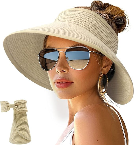NPJY Sun Hats for Women Wide Brim Roll-Up Beach Ponytail Hat Packable Foldable Travel Straw Visor