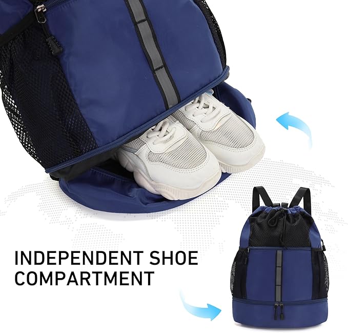 Valleycomfy Drawstring Gym Bag Sports Backpack With Shoe Compartment and Reflective Strips Dark Blue