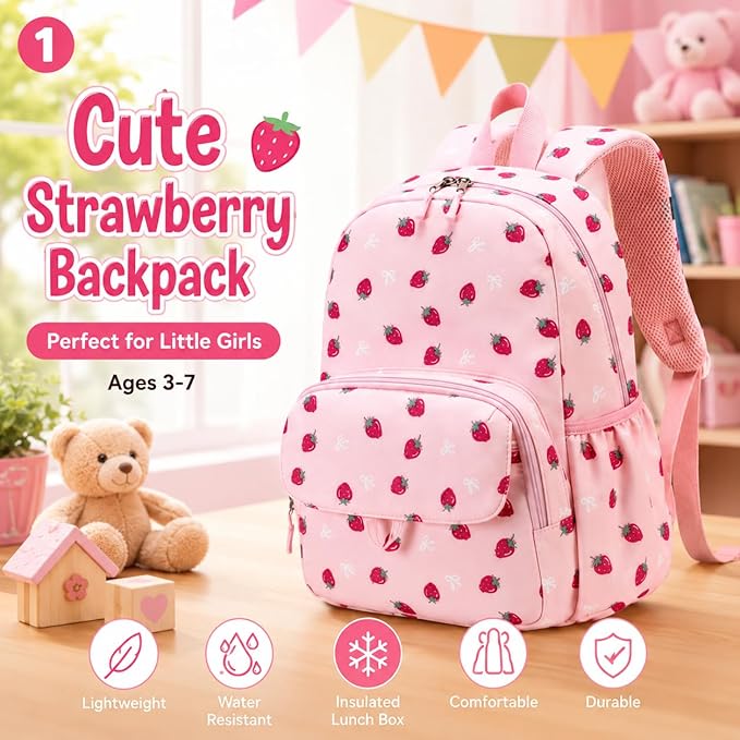 BTOOP Kids Backpack, Girls Backpack 4-6-Preschool Kindergarten School Bookbag with Insulated Lunch Compartment & Chest Strap, Pink-Strawberry Backpacks