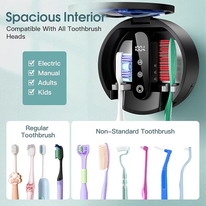 Upgraded Toothbrush Holders for Bathroom, Tooth Brush Holders Wall Mounted,Toothbrush Cleaner Organizer with LED Smart Screen,Cleaning and Drying Fits All Toothbrushes for Home & Travel
