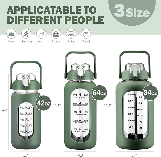 84oz Glass Water Bottle with Straw, 2.5 Liter Large Water Bottle with Silicone Sleeve and OZ Marker, Wide Mouth Gallon Glass Bottle with 2-in-1 Lid, Leakproof Water Jug for Gym Home, Olive