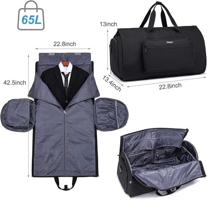 Convertible Duffle Bags for Men, Garment Bag for Travel, Carry on Garment Duffel Bag with Shoe Compartment, 2 in 1 Hanging Dress Suitcase Suit Travel Bags, Black