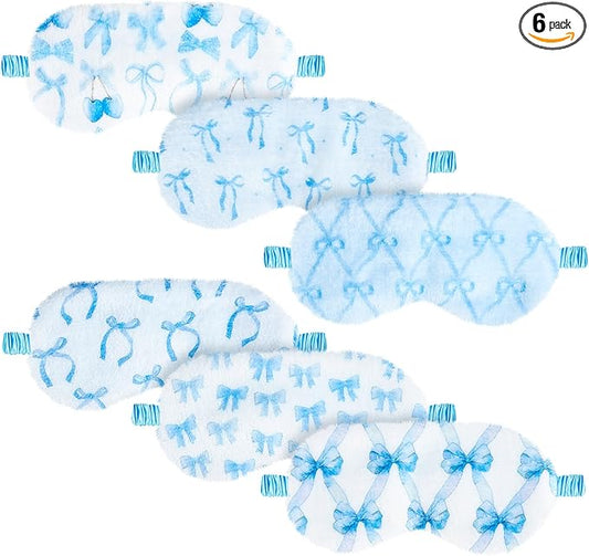 Cuffbow 6 Pack Plush Sleep Mask Set, Cute Plush Eye Masks for Sleeping, Soft Comfortable Travel Nap Blindfold, Sleepover Party Favors for Women(Bow,Blue)