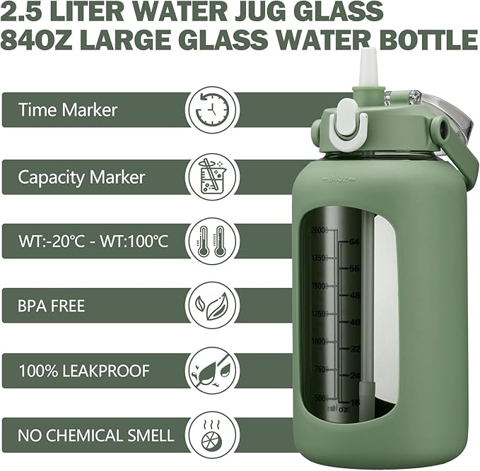 84oz Glass Water Bottle with Straw, 2.5 Liter Large Water Bottle with Silicone Sleeve and OZ Marker, Wide Mouth Gallon Glass Bottle with 2-in-1 Lid, Leakproof Water Jug for Gym Home, Olive