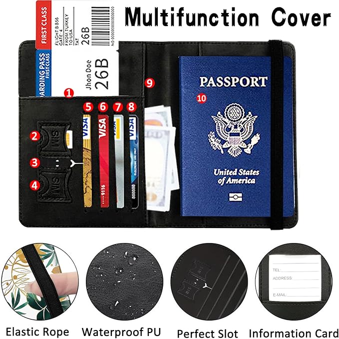 Passport Wallet, Passport Holder with RFID Blocking and Luggage Tag, Waterproof PU Leather Travel Documents Organizer Case, Passport Covers with Card Slot for Women & Men, Tropical Leaves Botanical