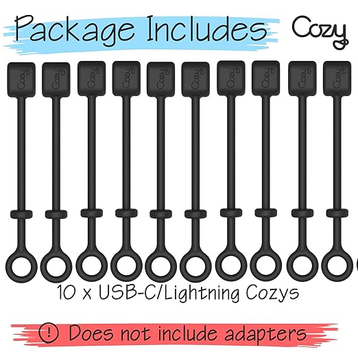 Cozy [10-Pack Silicone Charging Cable Keeper and Adapter Tether - Compatible with Micro USB and Apple Pencil Charging Components - Secure Black Cord Holders for Keychain, Car, and Travel