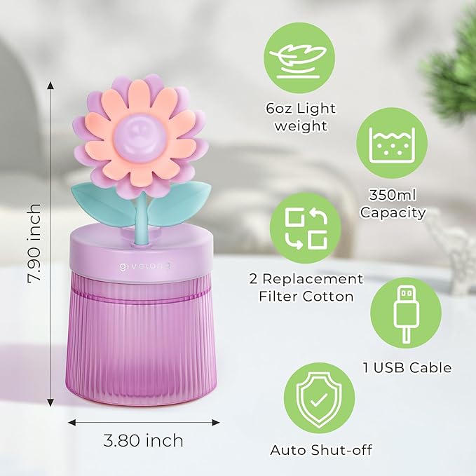 260ml Flower Mini Humidifier, Purple Sunflower Desktop Small Humidifiers, Personal Cool Mist Humidification, USB Desk Humidifier for Bedroom, Office, Travel & Indoor Plants