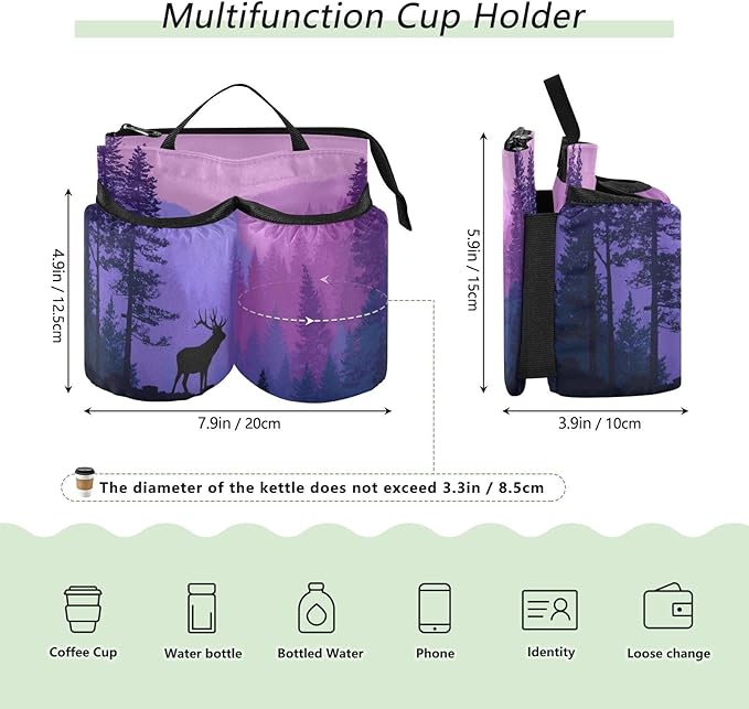 Luggage Cup Holder for Suitcases Free Hands Suitcase Cup Holder Travel Luggage Drink Holder Portable Luggage Cup Caddy Bag Carrier with Handle Purple Stag Forest Trees