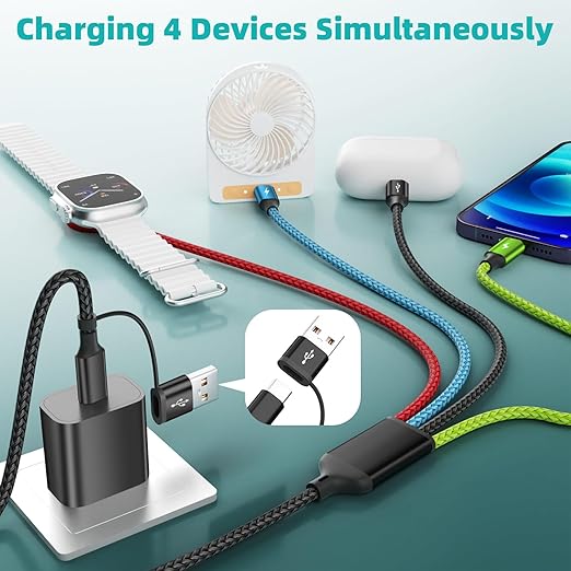 Dual IP Port 4 in 2 Multi Charging Cable for iWatch, Car Accessories Charging Cords for Multiple Devices for iWatch Ultra/SE/11-2, iPhone 17-5, Galaxy S25-21, iPad (2PACK 5FT)