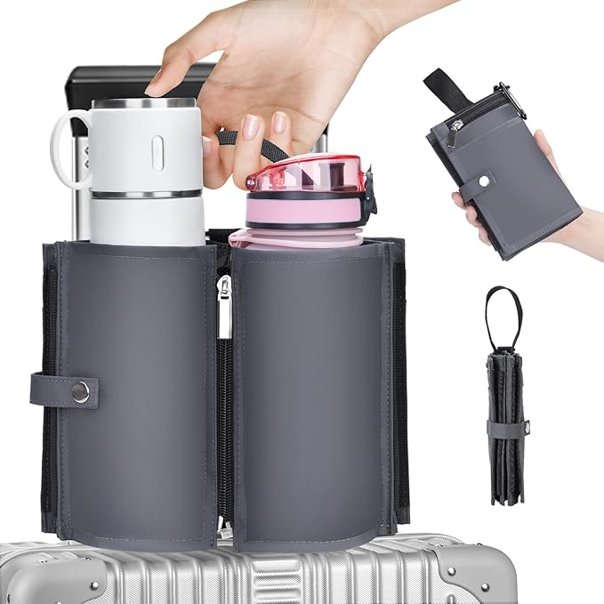 Travel Cup Holder for Suitcase, Portable Foldable Luggage Cup Holder, Free Hand Drink Caddy, Creative Travel Accessories, Gift for Travelers (Dark Gray)
