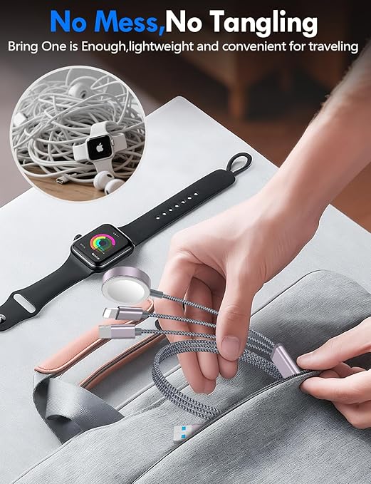 Travel Essentials for Apple Watch Charger,iPhone Charger,3 in 2 Type C/Lightning/Magnetic Travel Charging Cable,Portable Multi Charging Cable for Apple Watch, iPhone 17‑11,Samsung S26,Car,iPad