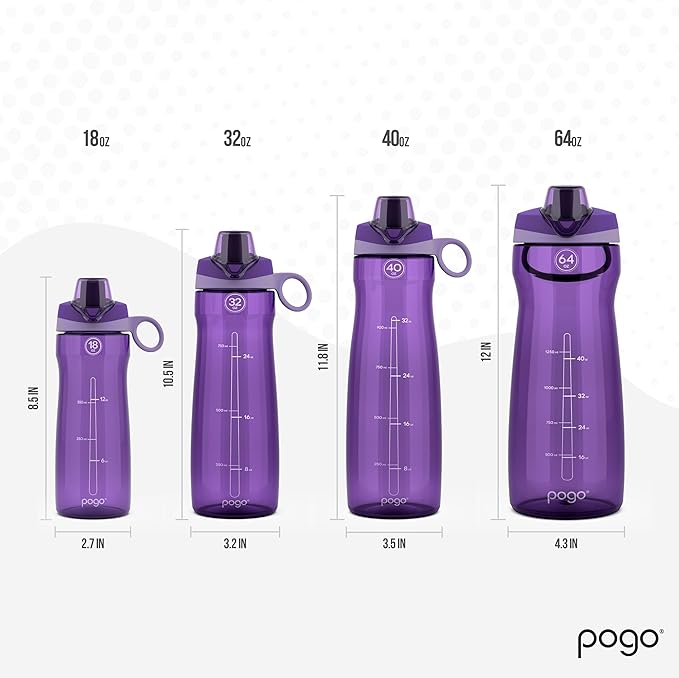 Pogo 64oz Plastic Water Bottle with Leak-Proof Chug Lid and Carry Handle, Reusable, BPA Free, Capacity Markings, Dishwasher Safe, Perfect for Travel, School, Outdoors, and Gym, Purple