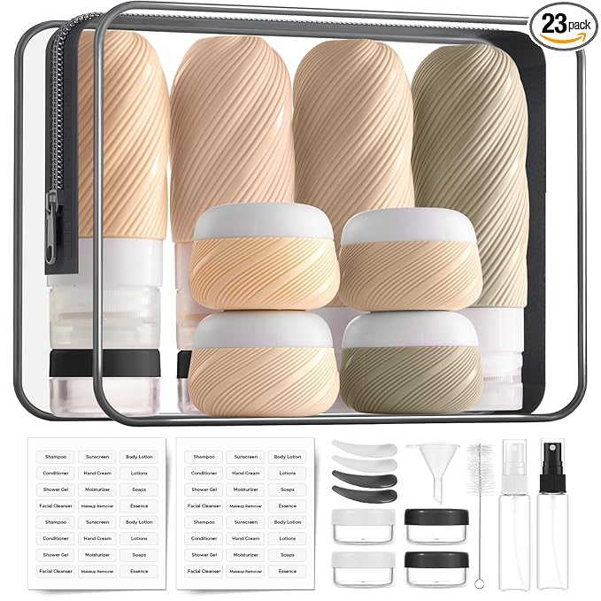 LitBear 23 Pack TSA Approved Travel Bottles for Toiletries, Leak Proof Refillable Travel Size Containers Kit with Silicone Squeezable Bottles Jars for Shampoo Lotion Conditioner, in Clear Bag, Brown