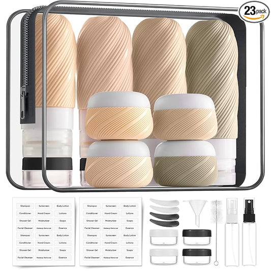 LitBear 23 Pack TSA Approved Travel Bottles for Toiletries, Leak Proof Refillable Travel Size Containers Kit with Silicone Squeezable Bottles Jars for Shampoo Lotion Conditioner, in Clear Bag, Brown