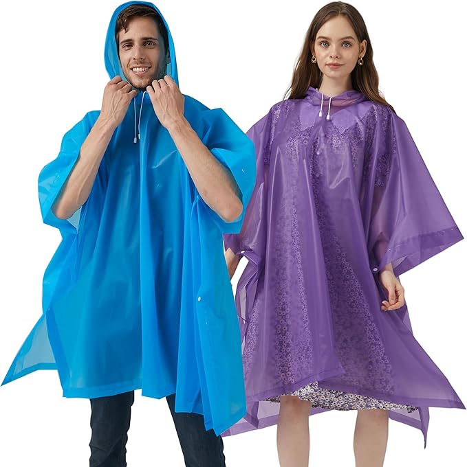 Rain Ponchos for Adults, 2 Pack Raincoats Jacket Reusbale with Drawstring Hood Sleeves for Women Men