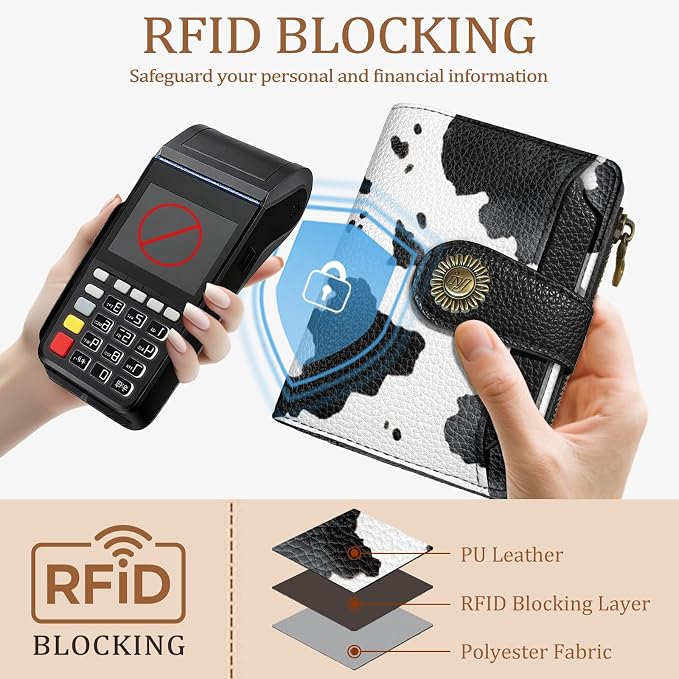 Icycay Cow Black Wallet Women Small RFID Blocking Bifold, Credit Card Holder, Zipper Coin Pocket, PU Leather, Compact, Travel, 4 ID Window, 14 Card Slots, Cash Purse, Ladies Woman Female Girls