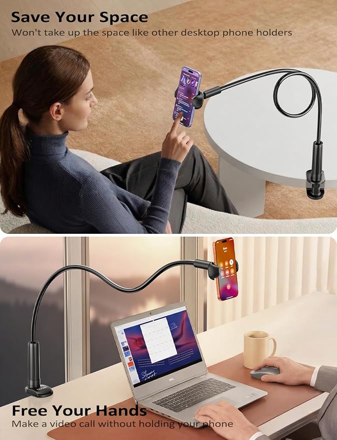 Tryone Gooseneck Phone Holder Hands-Free for Phone Viewing Or Recording, Adjustable Stable Metal Cell Stand Mount for Desk Table Bed, Soporte para Celular, Fits 4-7 Phones Including iPhone - Black