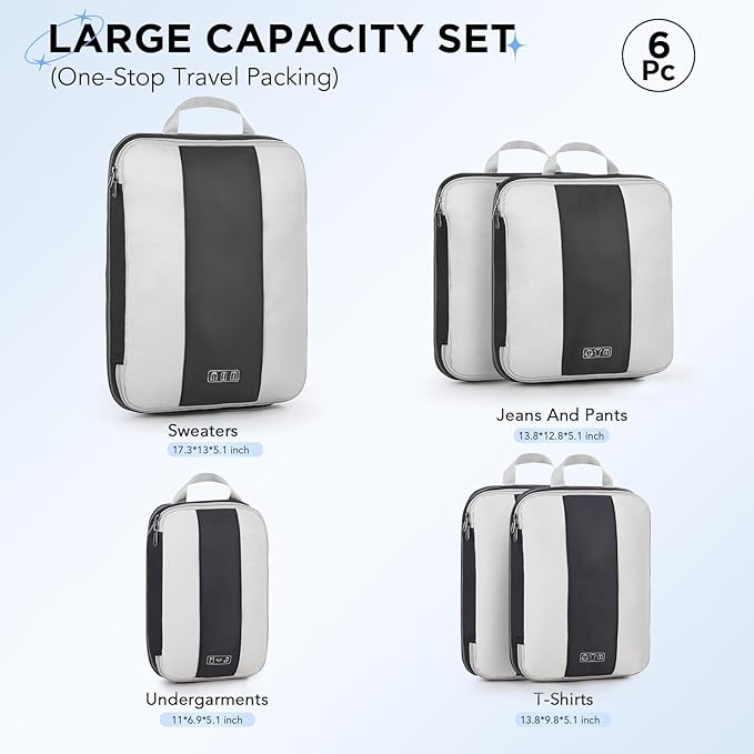 6 Set Compression Packing Cubes for Travel Essentials,Compressible Expandable Packing Cubes for Suitcase,OlarHike Luggage Garment Bags for Travel,Handy Helper for Organizing Clothes(Black)
