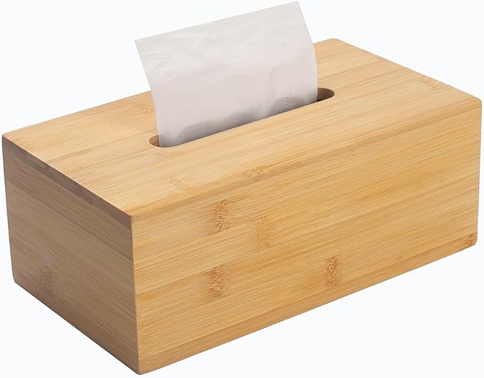 Bamboo Tissue Box Cover, Rectangular Wood Tissue Box Holder, Wooden Facial Paper Holder for Bathroom, Bedroom, Dinner Table, Office (1 Pack, 9.8 x 5.5 x 3.7 inch)