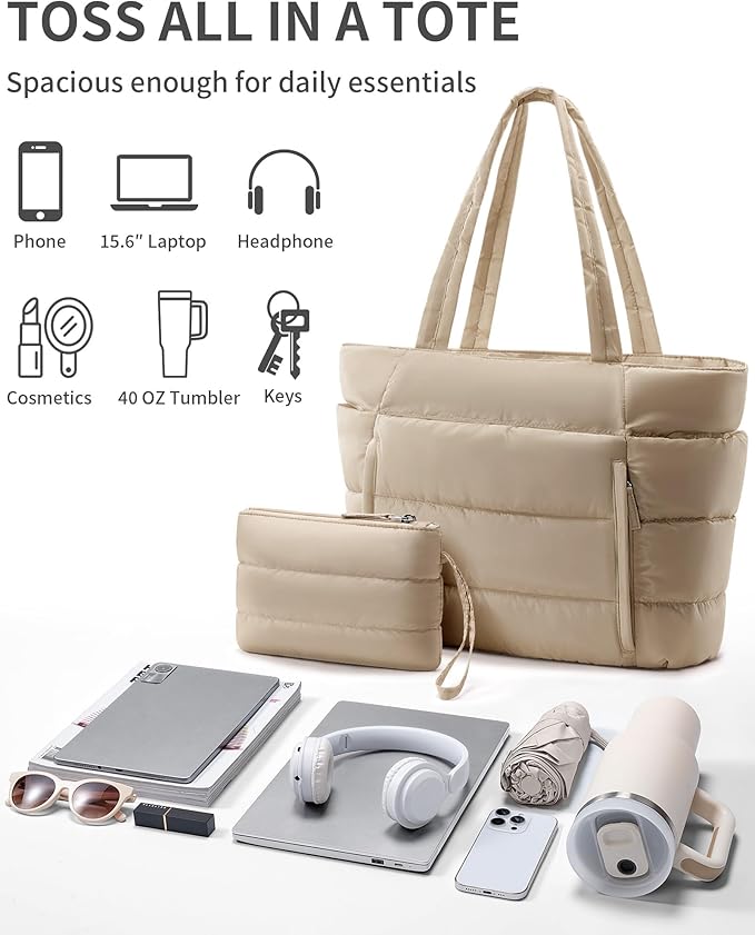 Bagstellar Puffer Tote Bag for Women, Lightweight Puffy Work Handbag Teacher Nurse Quilted Shoulder Bag for School Travel Gym | Cloud Bag w/ Zipper