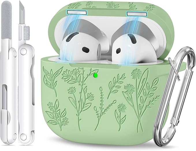 for Airpods 4 Case with Magnetic Lid, Ekoonpft Flower Engraved Cases for Apple AirPods 4th Generation 2024, Soft Silicone Cover for Women Girly with Cleaning Kit & Keychain, Shockproof