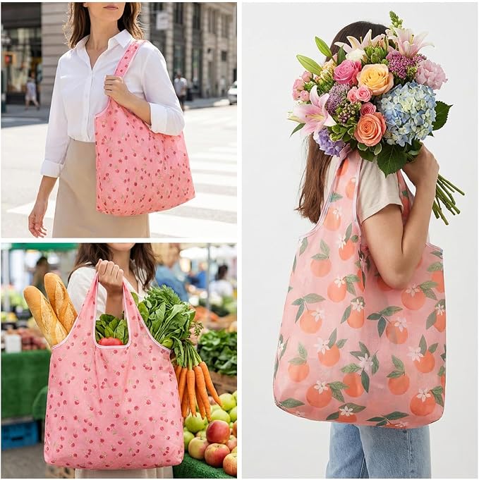 4 PCS Large Foldable Reusable Shopping-Bags, Grocery Bags, Cute Foldable Bag, Reusable Shopping Bags, Washable Polyester Bag for Daily Shopping (2 Styles
