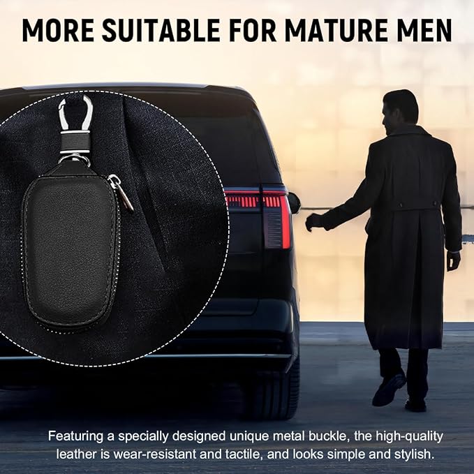 Yourkar 2 PCS Car Key Case, Genuine Leather Auto Key Fob Storage Bag, Key Chain Holder Key Ring Zipper Bag, Car Accessories (Black)