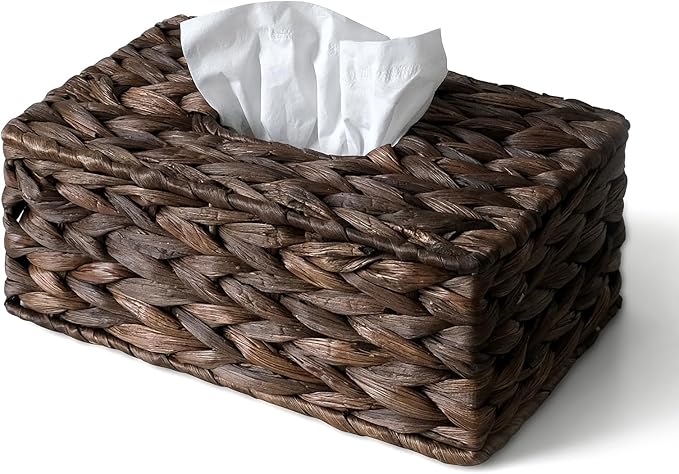 Rectangle Wicker Tissue Box Cover Fits 120-Count (3-Ply) / 160-Count (2-Ply) Boxes, Natural Rattan Woven Facial Tissue Holder, Decorative Tissue Box Holder for Bathroom, Brown