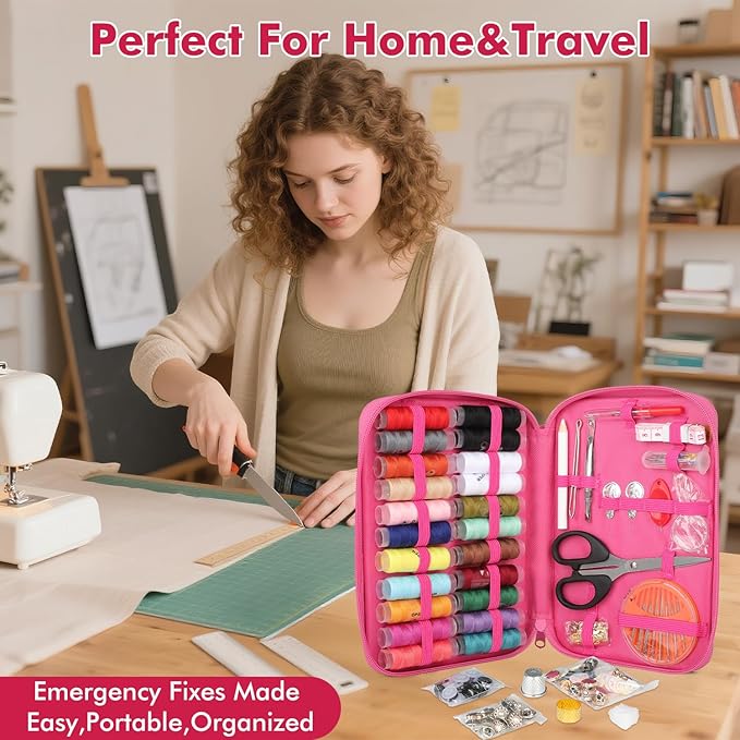 198pcs Sewing Kit for Adults Portable Travel Sewing Set,Dorm Room Essentials for Girls, Including Emergency Repair Tools Such as Needle and Thread, Scissors, Marker pens Needle and Thread kit (Pink)