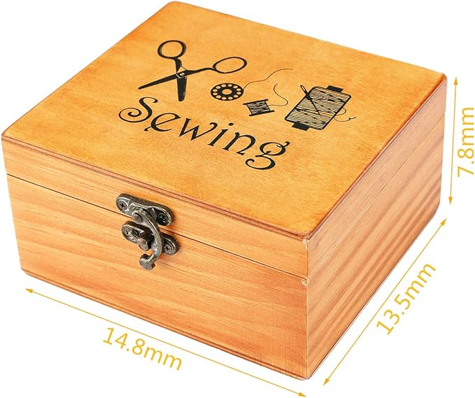 Sewing Kit, Wooden Sewing Kit Box for Adults, Wooden Sewing Basket with Accessories, Home Sewing Basket Stitching Repair Kit for Beginner, Women, Men (Brown)