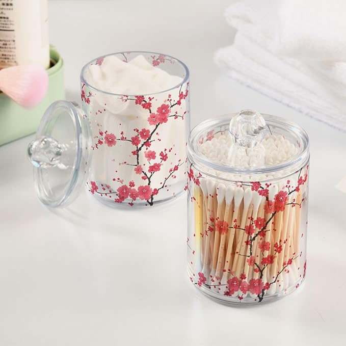 2 Pack Qtip Holder Organizer Dispenser Branches Pink Cherry Blossom Bathroom Storage Canister Cotton Ball Holder Container for Cotton Pads/Swabs/Floss