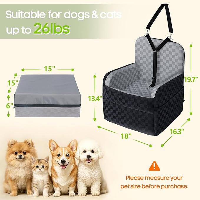 Waterproof Dog Car Seat for Small/Medium Dogs up to 26 lbs, Memory Foam Booster Seat Elevated 6in, Pet Car Seat with Removable Washable Cover, Y-Shape Safety Belt and Storage Pockets