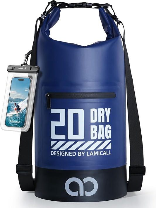 Lamicall Waterproof Dry Bag with Phone Pouch, Floating Roll Top Backpack, 20L, Blue
