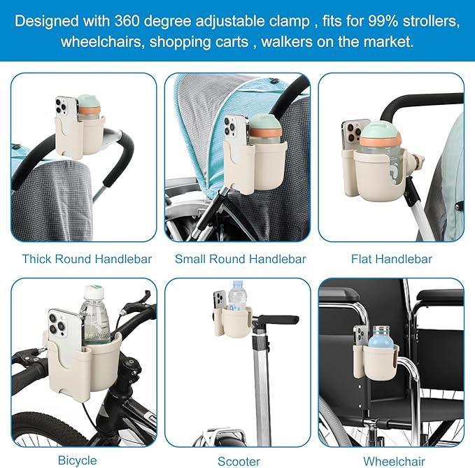 Accmor Stroller Cup Holder with Phone Holder, Bike Cup Holder, Universal Cup Holder for Uppababy Nuna Doona Strollers, 2-in-1 Cup Holder for Walker, Wheelchair, Scooter