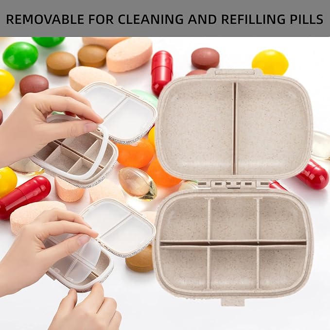 Cute Pill Organizer Small Bling Pill Case for Purse Medicine Vitamin Container Holder Daily Pill Box Container for Women Travel Medicine Kit(Peach)