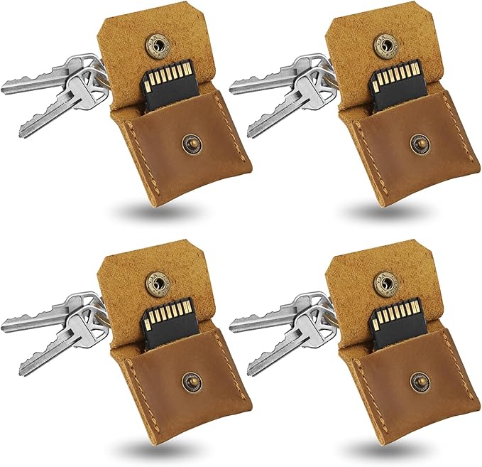 Jack&Chris Genuine Leather SD Card Holder Keychain, Anti-Shock Anti-Dust SD Card Case, Portable Camera Accessories for SD CF CFexpress Micro SD Nano SIM and Micro SIM Cards, Yellow Brown 4 Packs