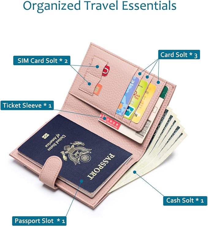 Leather RFID Slim Passport Holder for Travel Women – Passport Wallet for Men with Passport Cover & 3 Card Slots, Zippered Coin Pocket, Cash Holder – Travel Organizer Gift Ready(Pink)