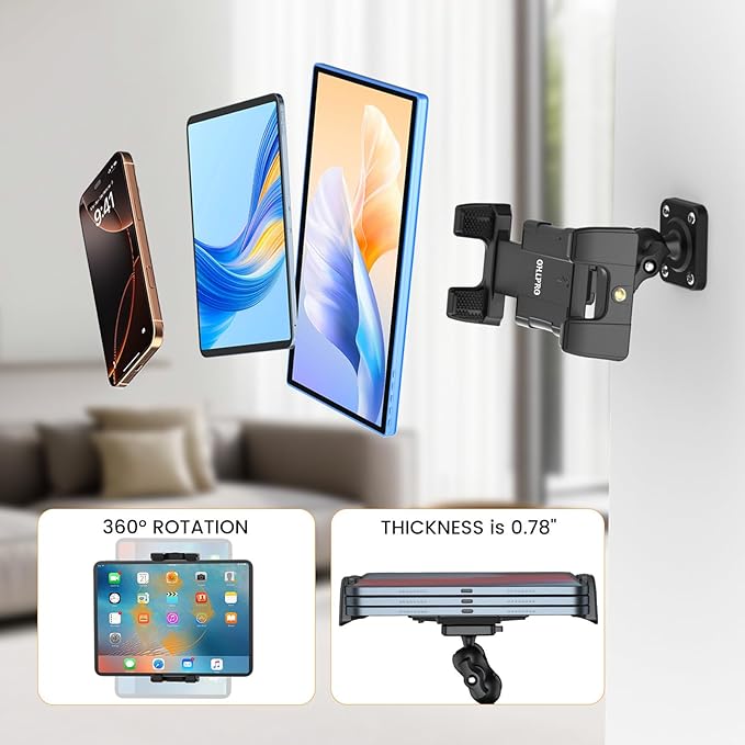 OHLPRO for iPad Wall Mount Tablet Holder, Adjustable Drilled Base with 2" Support Arm Stand for 5-13" iPad mini Pro Air, Fire HD, Galaxy Tab, Switch and Phone - 360° Viewing, Adjustable Tilt