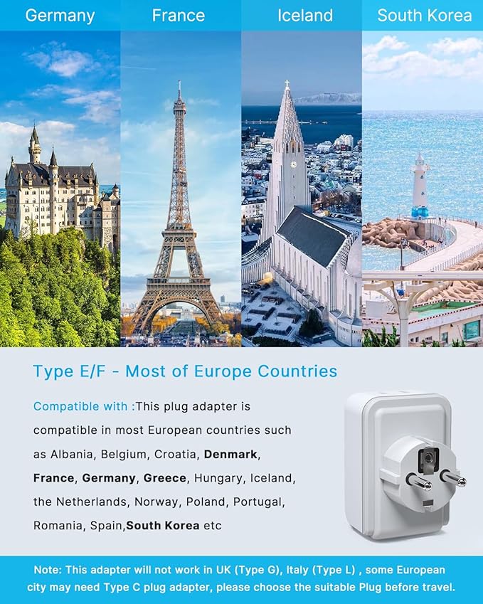 Type E F Plug Adapter, VINTAR Schuko Germany France Power Adapter with 2 Outlets 3 USB Ports(2 USB C), 5 in 1 Type F Travel Adapter for US to EU Spain Iceland Korea Greece Russia German French