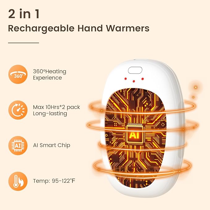 infray Hand Warmers Rechargeable, 2 Pack Electric Hand Warmer Reusable USB Pocket Warmer, 3 Settings Heated Portable AI Handwarmer Great Gifts for Christmas, Outdoor, Golf, Hunting