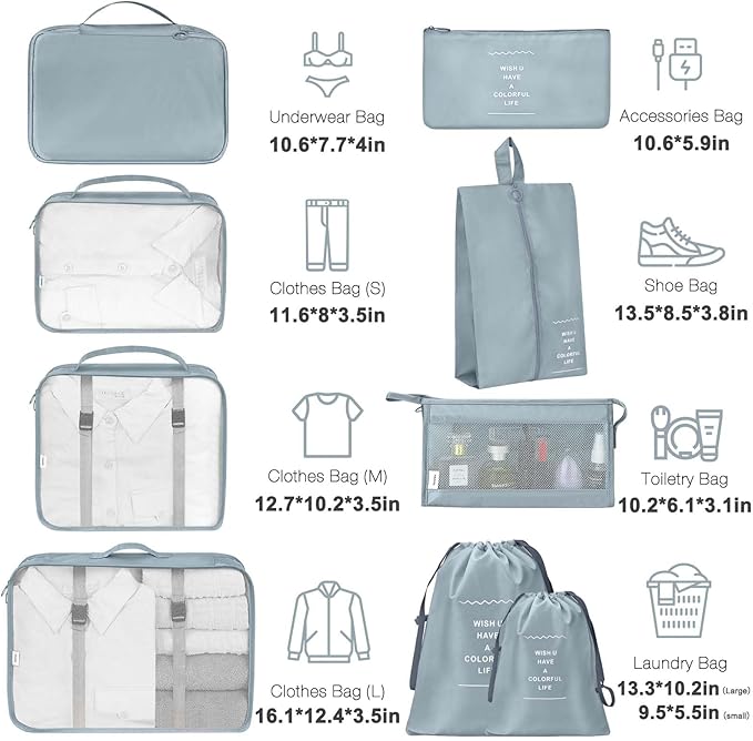 9 Set Packing Cubes for Suitcases,Packing Cube with Shoe, Cosmetics, Clothing, and Accessories Bags Packing Cubes for Travel Luggage Organizer Women Men(Blue Grey)