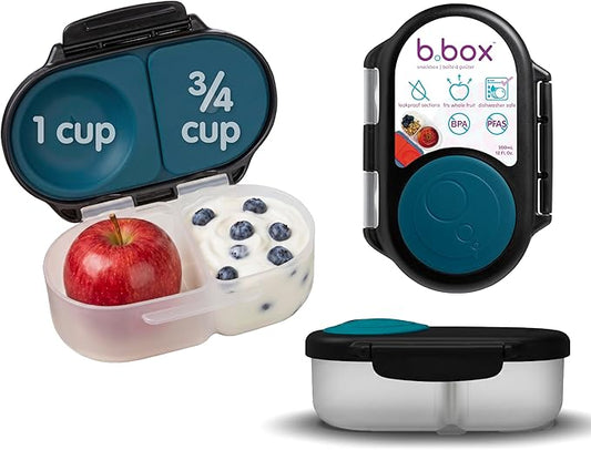 b.box Snack Box - Leakproof Mini Bento Box for Kids & Toddlers, 2 Compartment Snack Containers for Kids, Lunch Containers, Dishwasher Safe, BPA Free, PFAS Free, Ages 4m+, 1 3/4 Cup - Night Vision