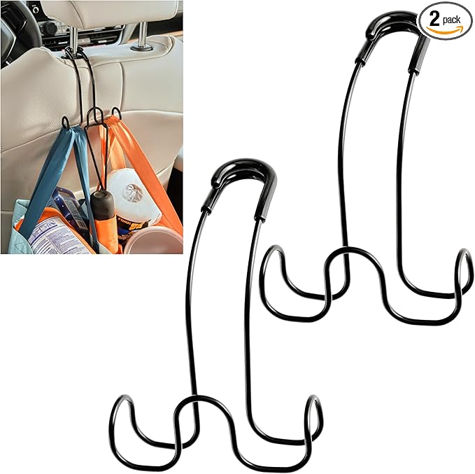 High Road Metal Car Hooks for Purse and Bags - Unbreakable Headrest Car Hooks for Large Purse Straps and Heavy Bags up to 40 lbs - Secure Attachment Loops Fit All Headrest Posts (Triple Hook 2-Pack)